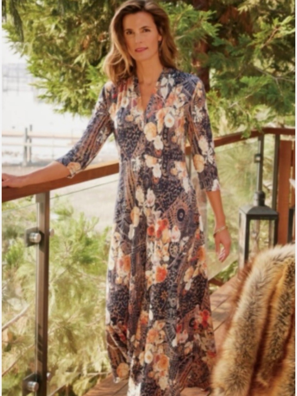 Soft Surroundings Adamaris Floral Maxi Dress - Dark Blue, Orange, and Cream